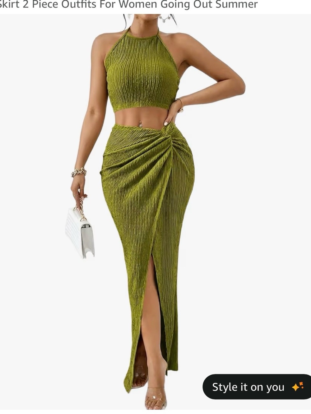 Olive Green Ribbed Halter Crop Top & Ruched Maxi Skirt Set